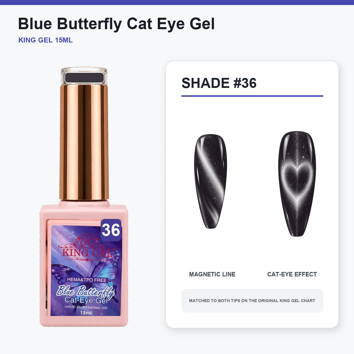 36 Colors Blue Butterfly Cat Eye Gel Collection - KingGel Brand - Shade 36 bottle and chart-matched color - Studio V2