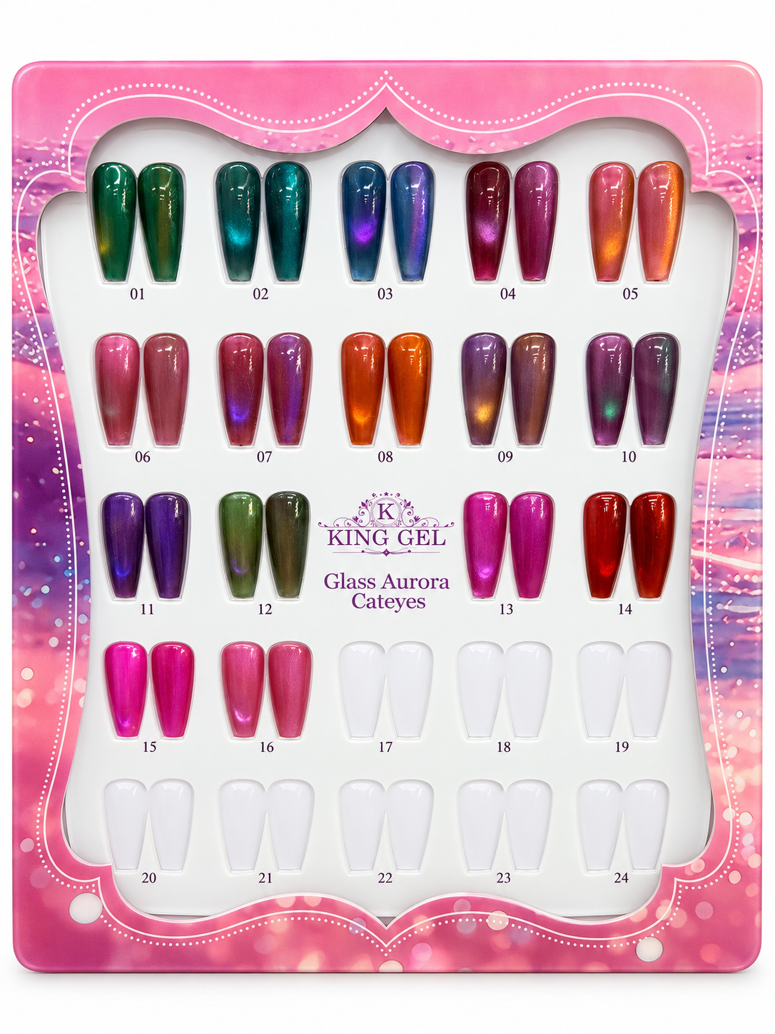 KING GEL Glass Aurora Cateyes 16-color numbered swatch chart