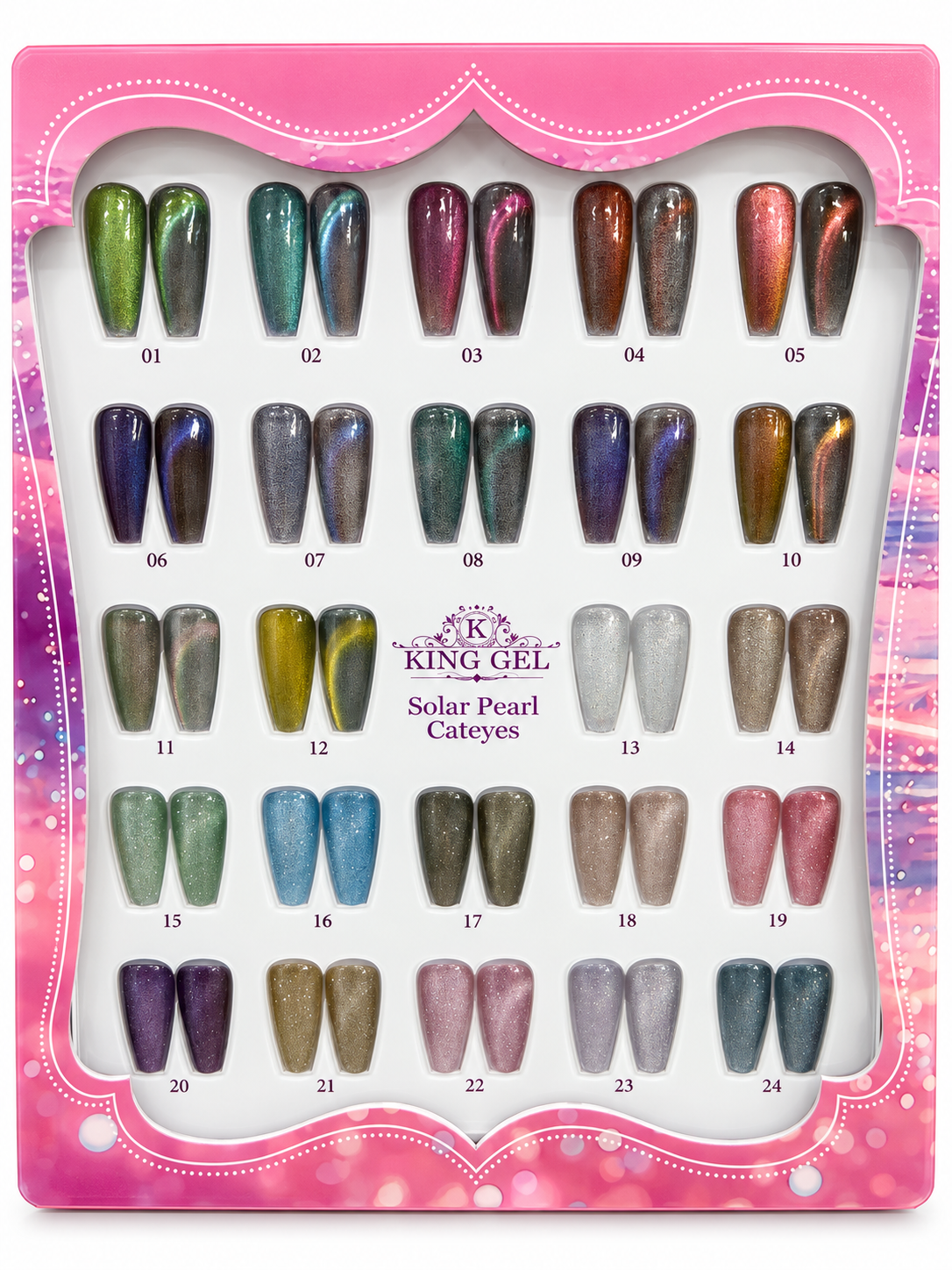 KING GEL Solar Pearl Cateyes 24-color numbered swatch chart