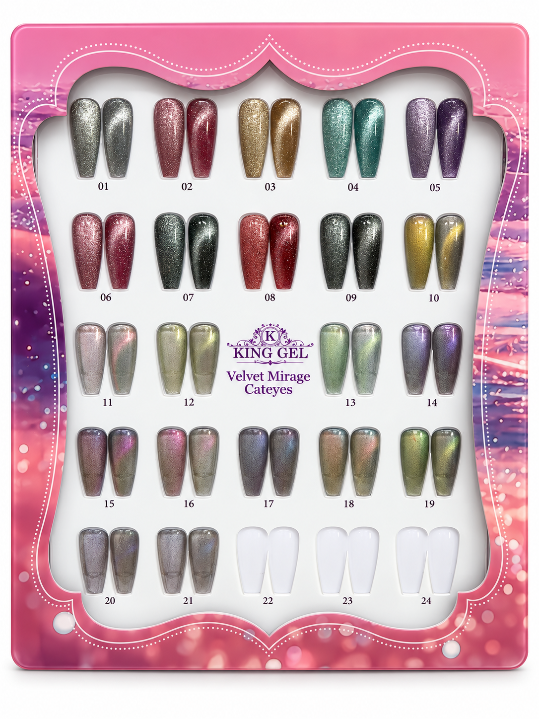 KING GEL Velvet Mirage Cateyes 21-color numbered swatch chart