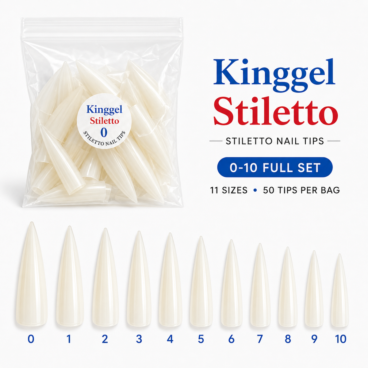 KingGel Acrylic Tip Stiletto Shape – Full Size 0–10 Bundles