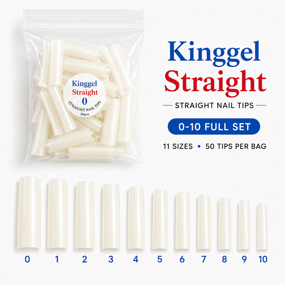 KingGel Acrylic Nail Tip Straight Shape – Full Size 0–10 Bundles