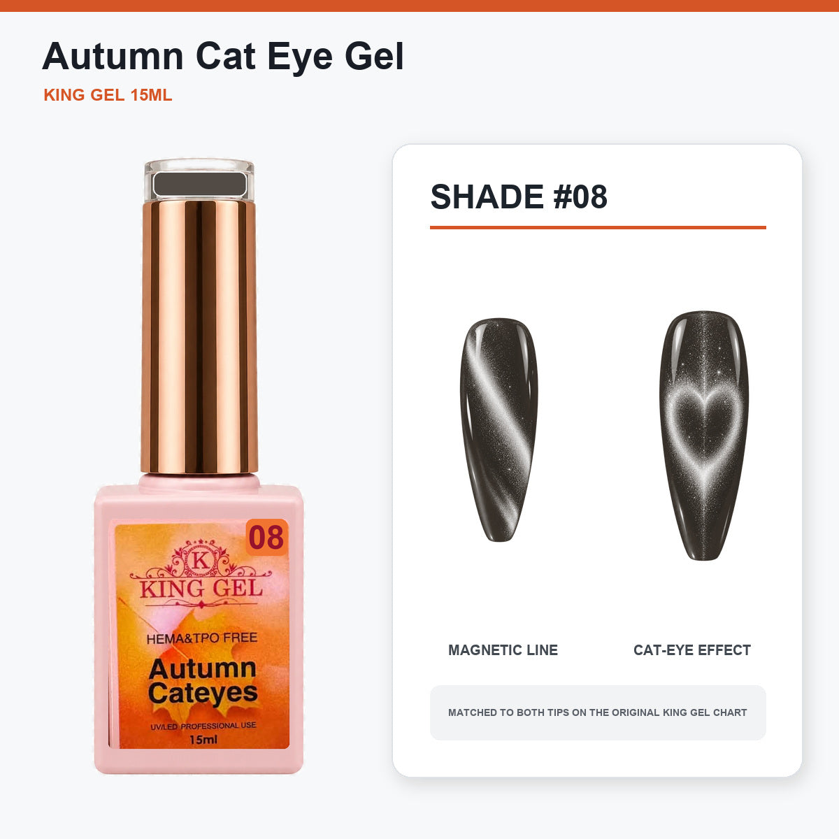 22 Colors Autumn Cat Eye Gel Collection - KingGel Brand - Shade 8 bottle and chart-matched color - Studio V2