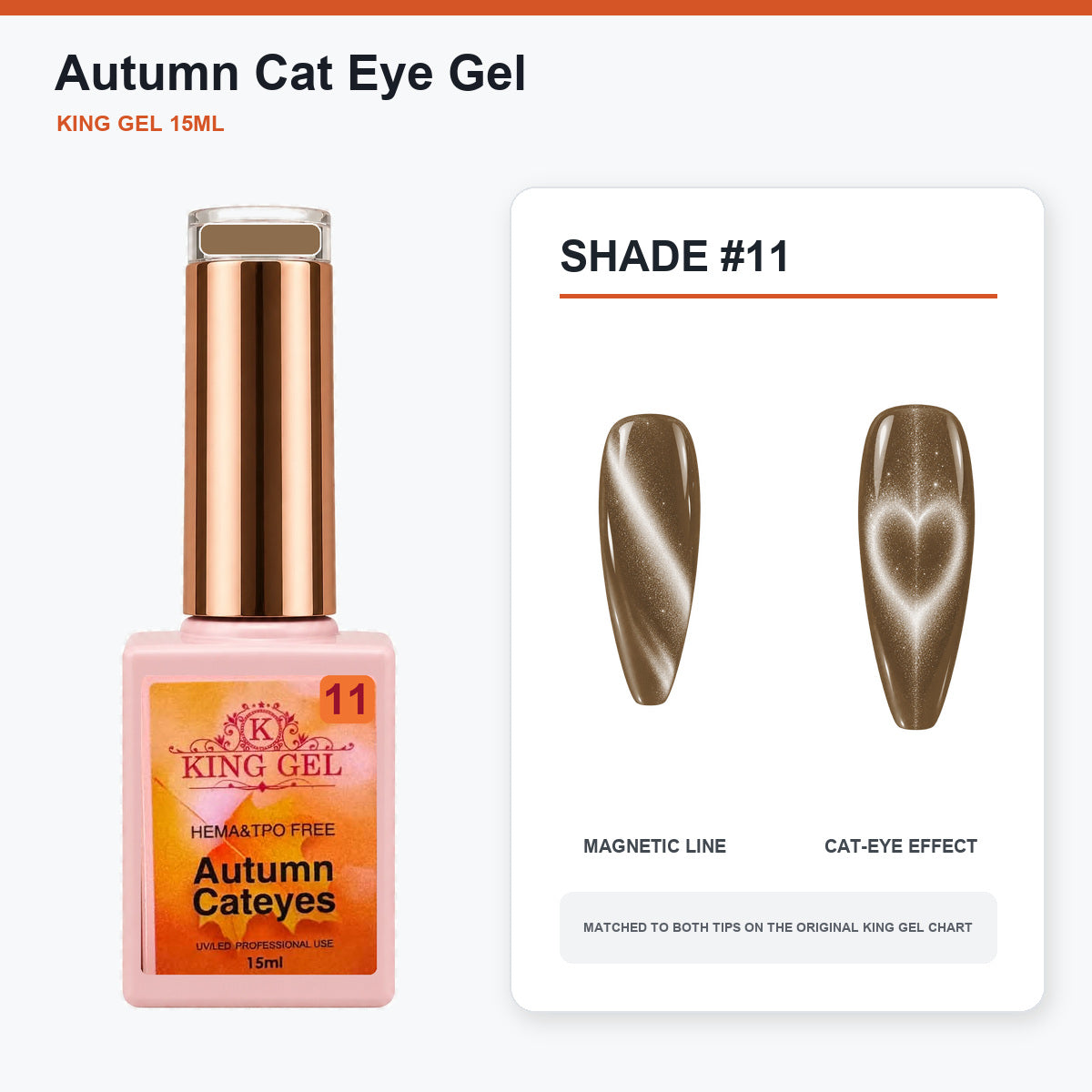 22 Colors Autumn Cat Eye Gel Collection - KingGel Brand - Shade 11 bottle and chart-matched color - Studio V2