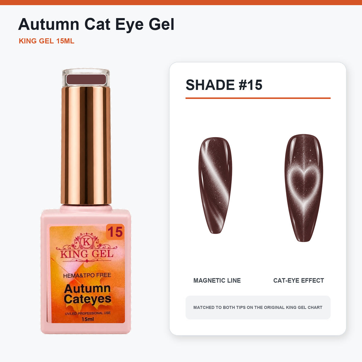 22 Colors Autumn Cat Eye Gel Collection - KingGel Brand - Shade 15 bottle and chart-matched color - Studio V2