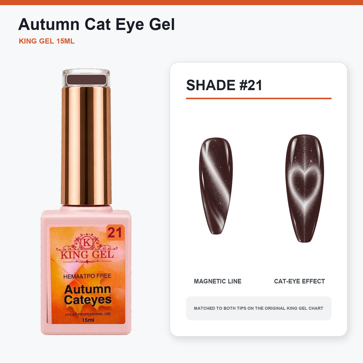 22 Colors Autumn Cat Eye Gel Collection - KingGel Brand - Shade 21 bottle and chart-matched color - Studio V2