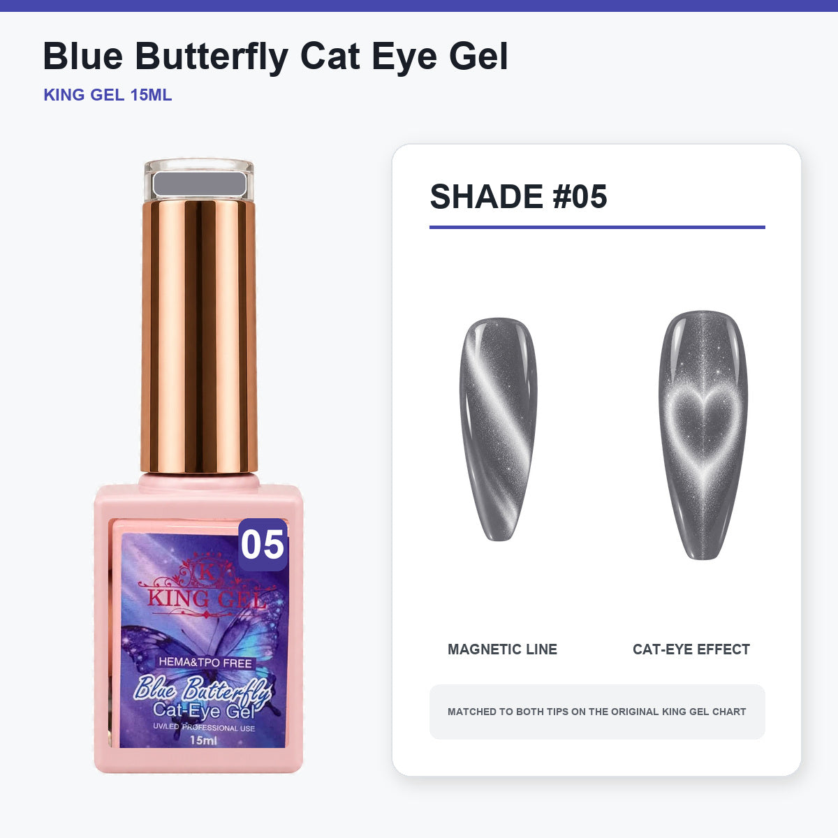 36 Colors Blue Butterfly Cat Eye Gel Collection - KingGel Brand - Shade 5 bottle and chart-matched color - Studio V2