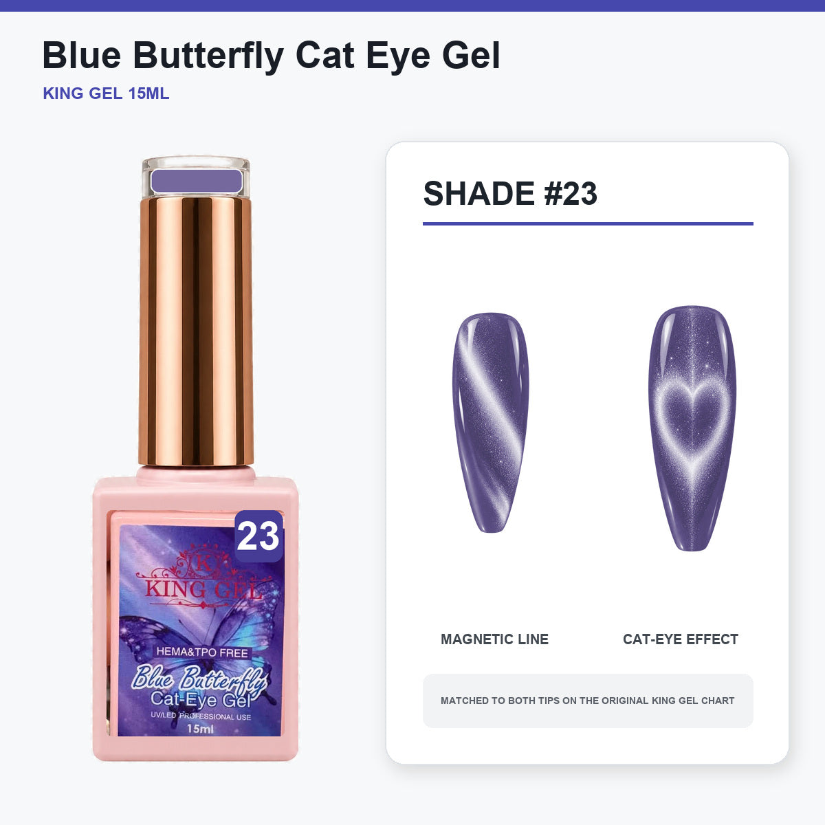 36 Colors Blue Butterfly Cat Eye Gel Collection - KingGel Brand - Shade 23 bottle and chart-matched color - Studio V2