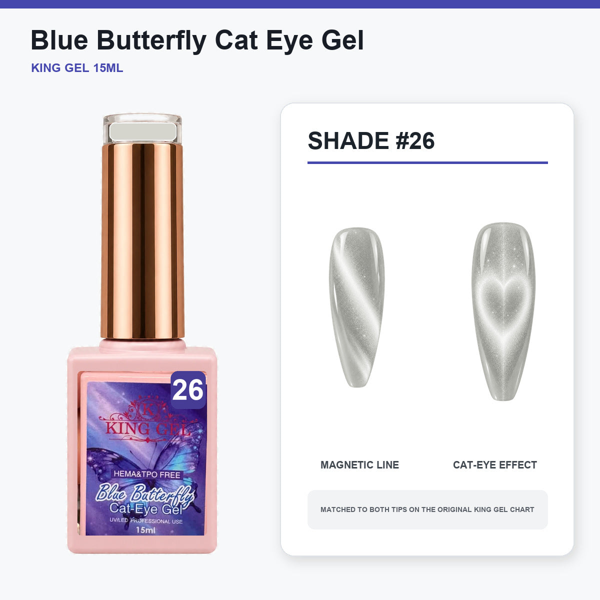 36 Colors Blue Butterfly Cat Eye Gel Collection - KingGel Brand - Shade 26 bottle and chart-matched color - Studio V2
