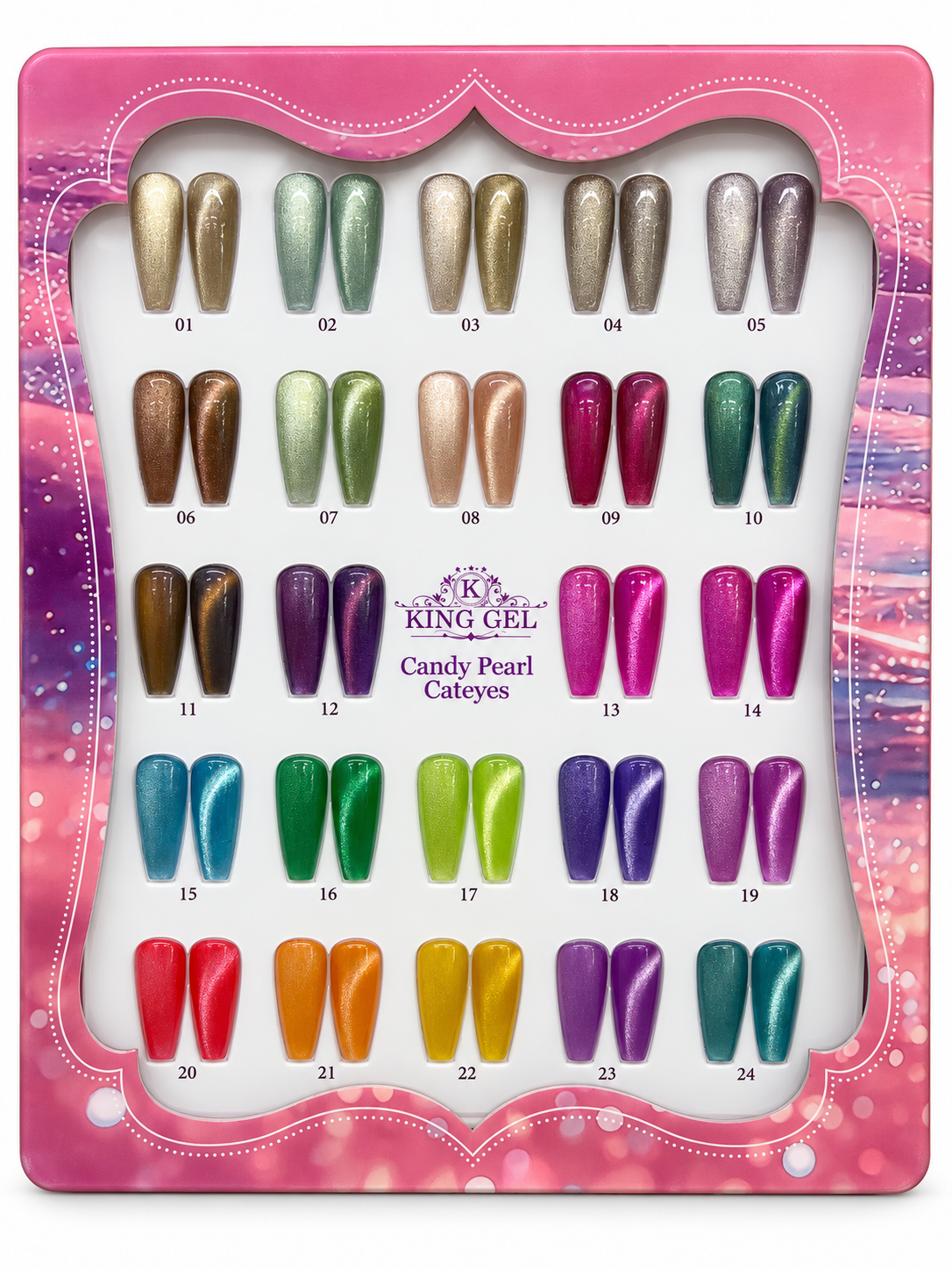 KING GEL Candy Pearl Cateyes 24-color numbered swatch chart