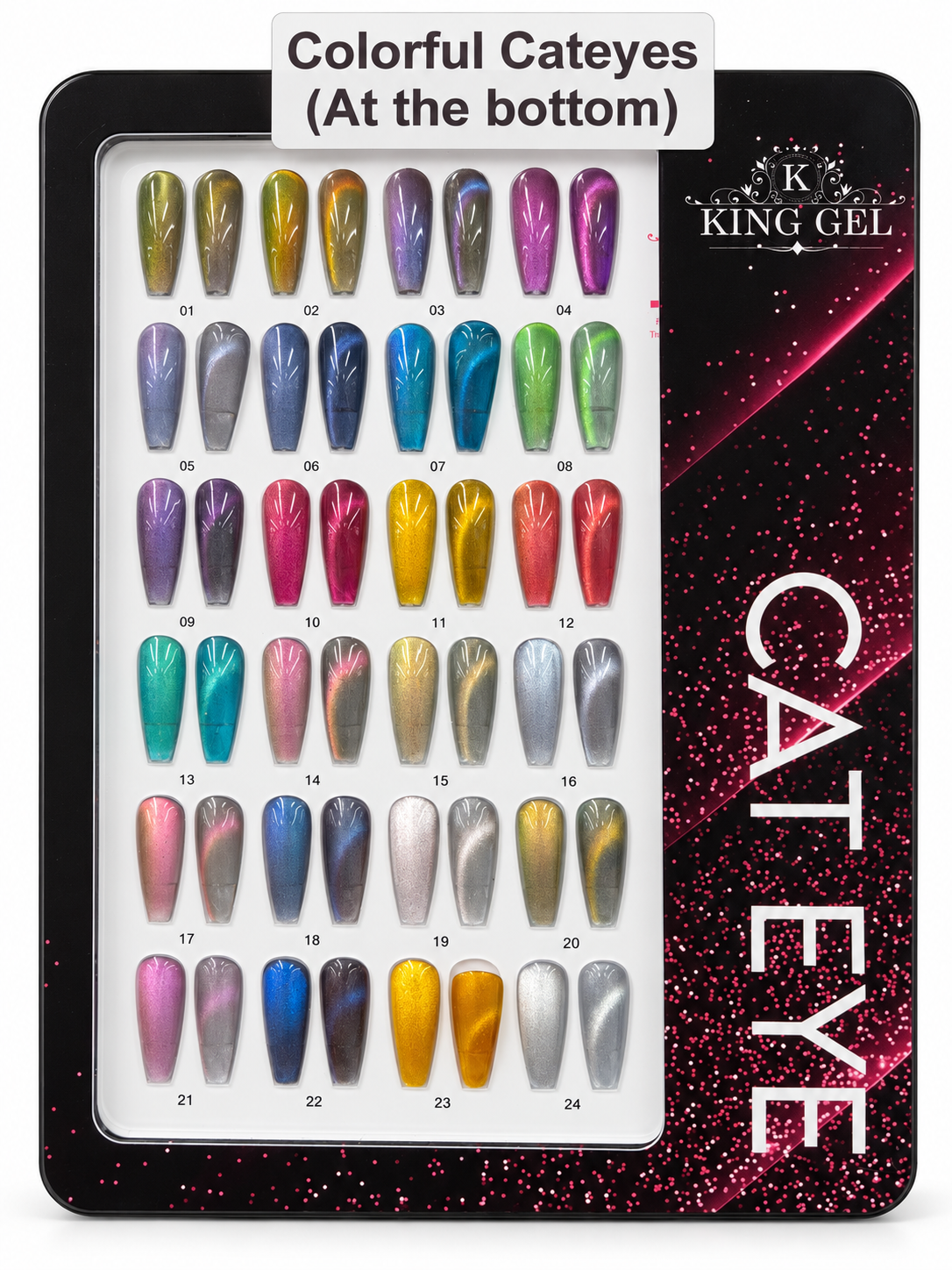 KING GEL Colorful Crystal Cat Eye 24-color numbered swatch chart