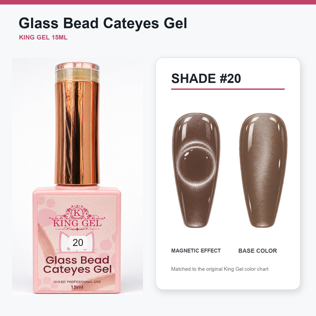 48 Colors Glass Bead Cateyes Gel Collection - KingGel Brand - Shade 20 bottle and chart-matched color - Studio V2