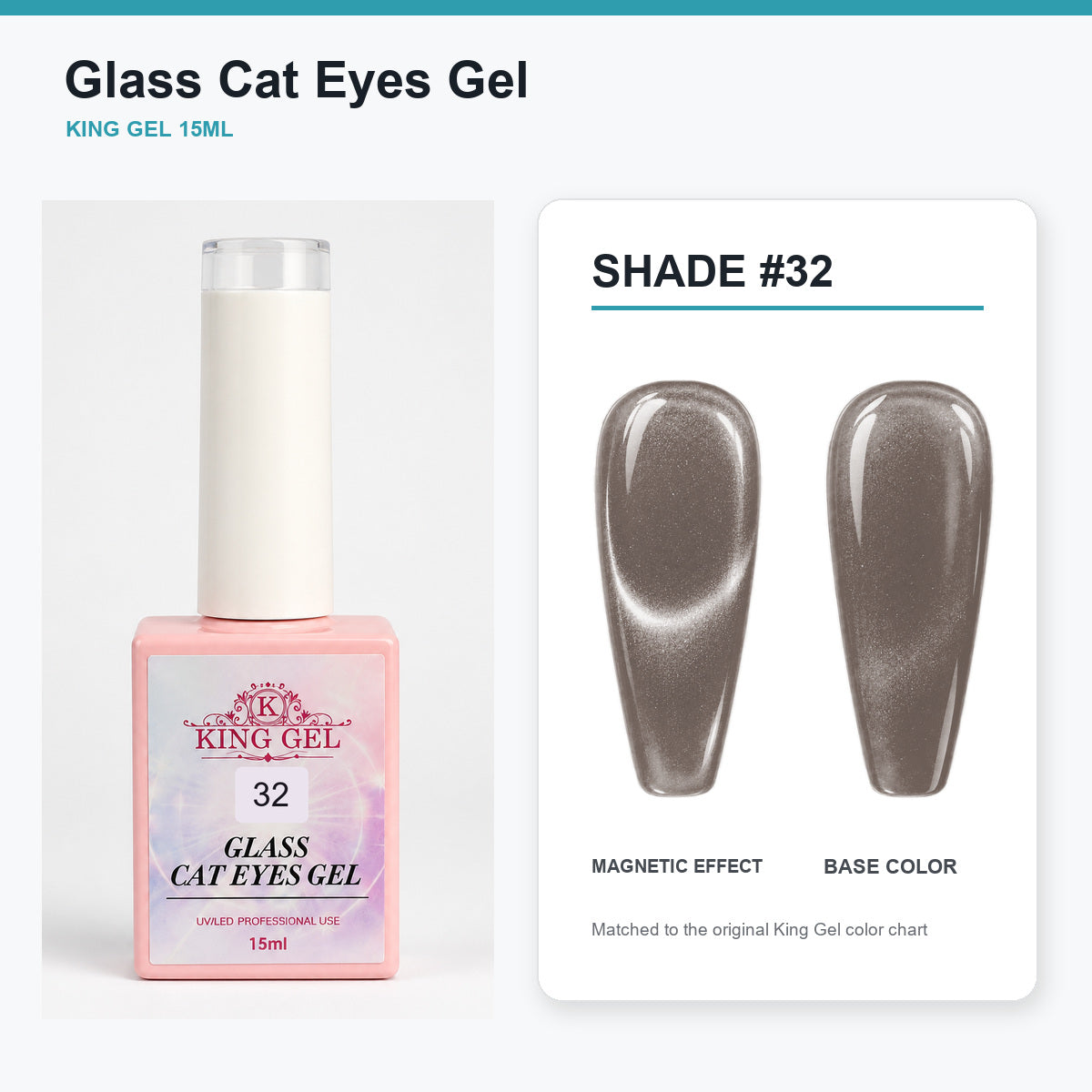 36 Colors Glass Cat Eyes Gel Collection - KingGel Brand - Shade 32 bottle and chart-matched color - Studio V2