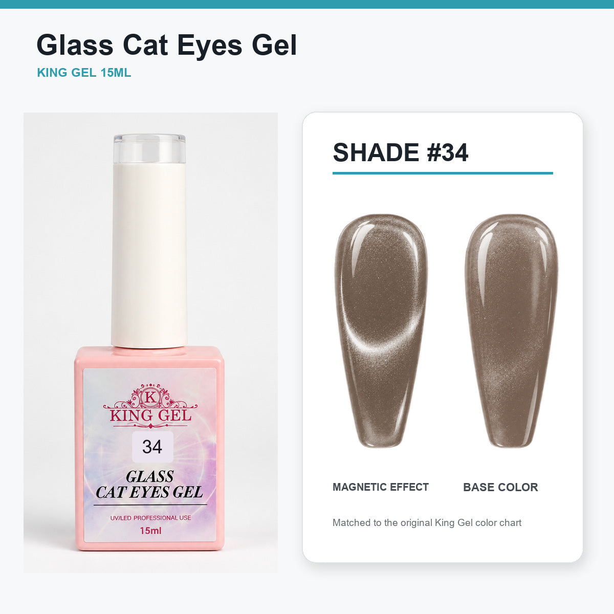 36 Colors Glass Cat Eyes Gel Collection - KingGel Brand - Shade 34 bottle and chart-matched color - Studio V2