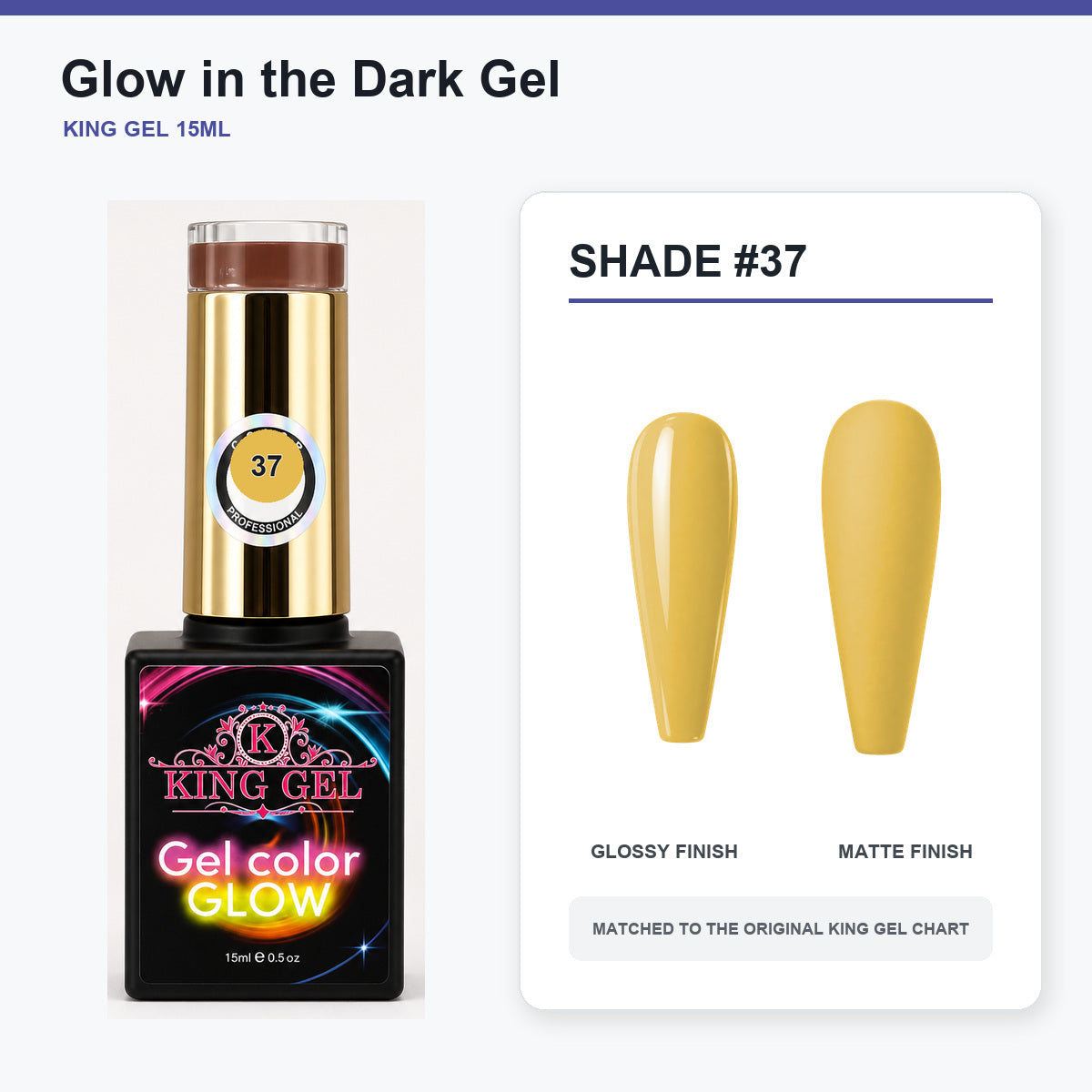 48 Colors Glow in the Dark Gel Collection - KingGel Brand - Shade 37 bottle and chart-matched color - Studio V2