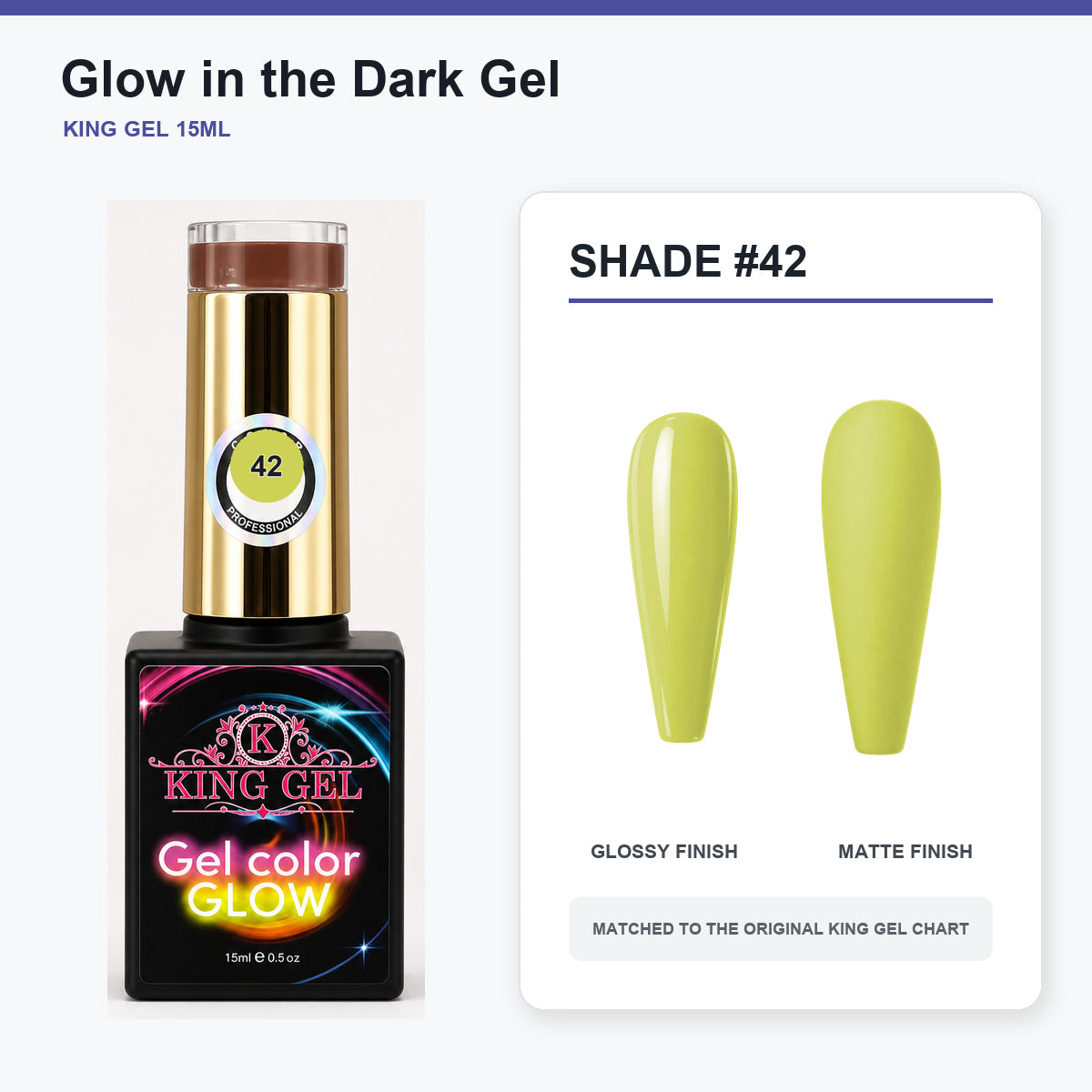 48 Colors Glow in the Dark Gel Collection - KingGel Brand - Shade 42 bottle and chart-matched color - Studio V2