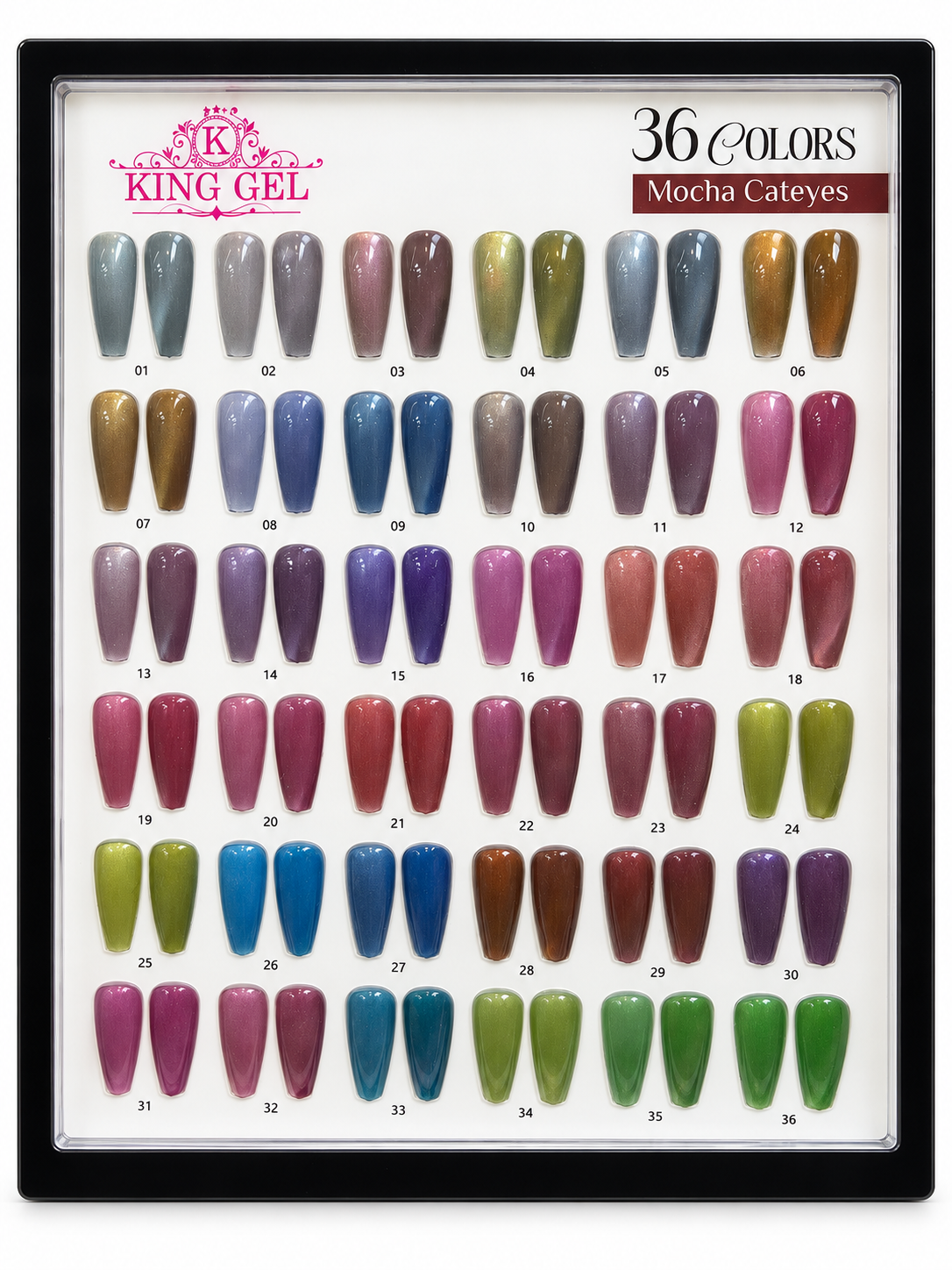 KING GEL Mocha Cateyes 36-color numbered swatch chart