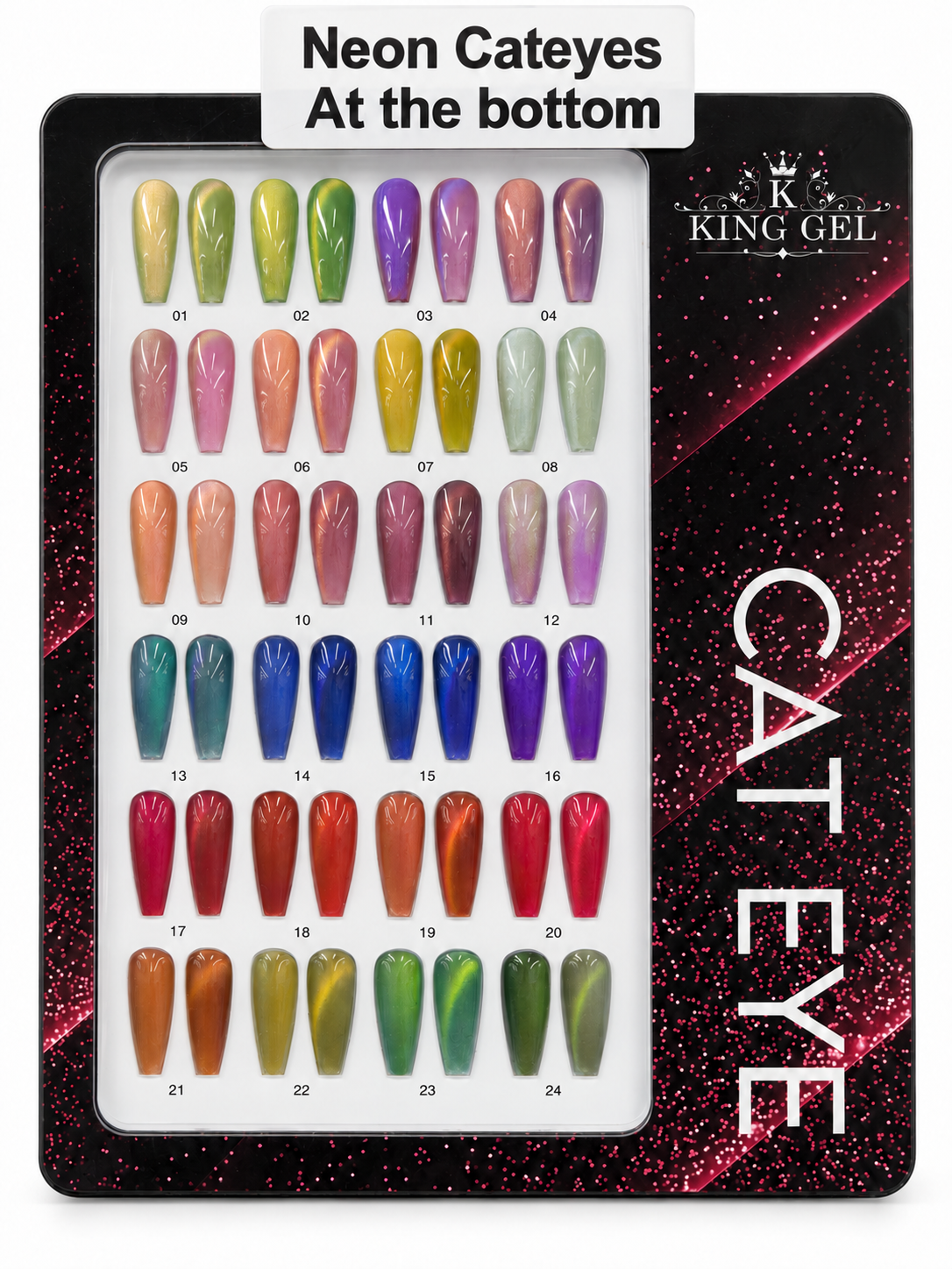 KING GEL Neon Cateyes 24-color numbered swatch chart