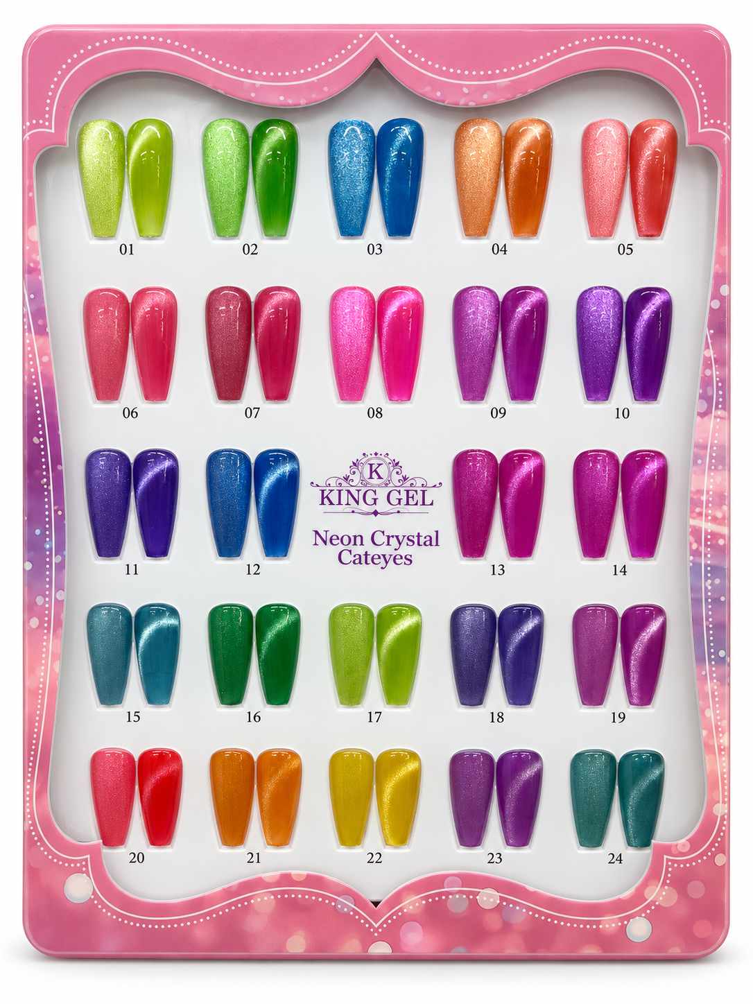 KING GEL Neon Crystal Cateyes 24-color numbered swatch chart