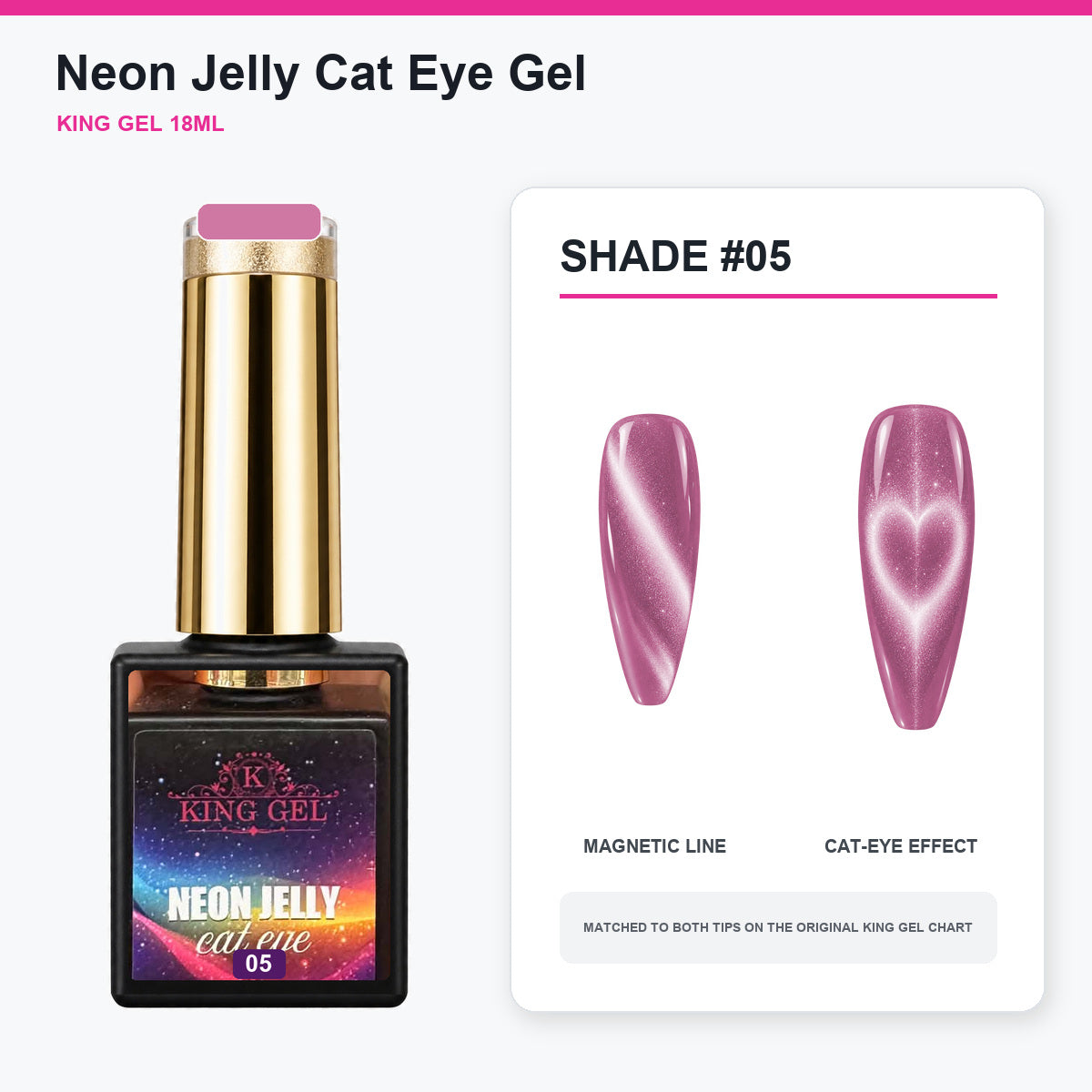 24 Colors Neon Jelly Cat Eye Gel Collection - KingGel Brand - Shade 5 bottle and chart-matched color - Studio V2