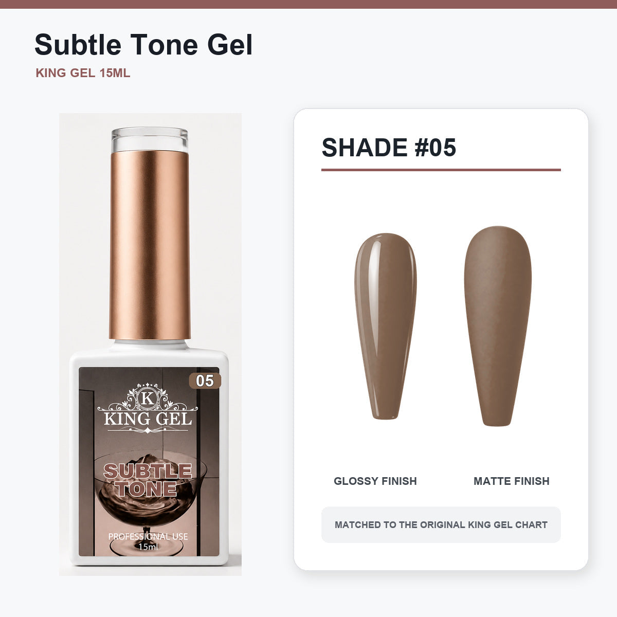 40 Colors Subtle Tone Gel Collection - KingGel Brand - Shade 5 bottle and chart-matched color - Studio V2