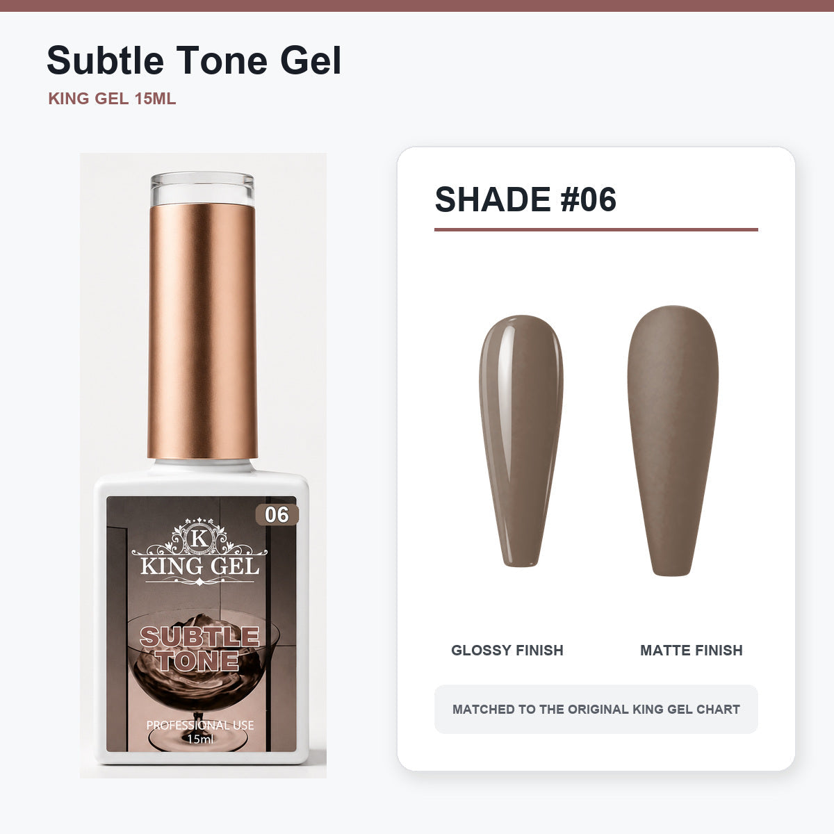 40 Colors Subtle Tone Gel Collection - KingGel Brand - Shade 6 bottle and chart-matched color - Studio V2