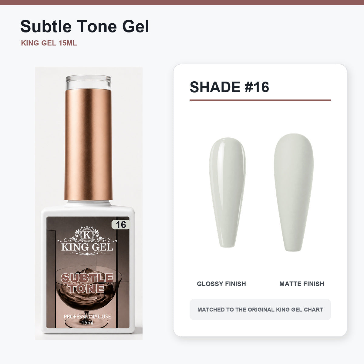 40 Colors Subtle Tone Gel Collection - KingGel Brand - Shade 16 bottle and chart-matched color - Studio V2