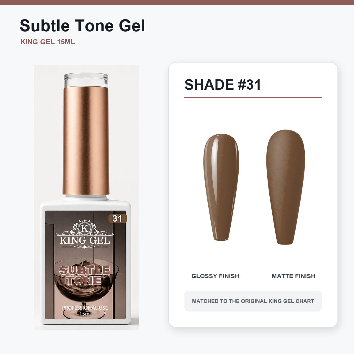 40 Colors Subtle Tone Gel Collection - KingGel Brand - Shade 31 bottle and chart-matched color - Studio V2