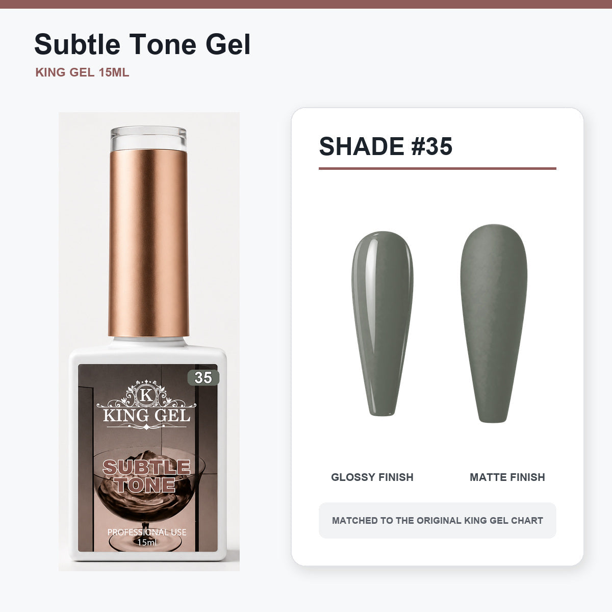 40 Colors Subtle Tone Gel Collection - KingGel Brand - Shade 35 bottle and chart-matched color - Studio V2