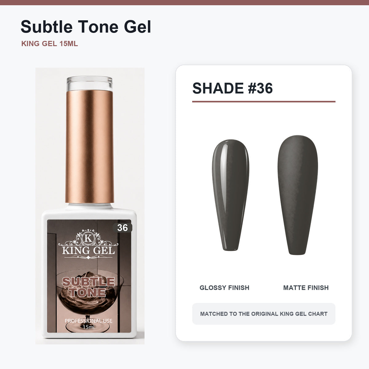 40 Colors Subtle Tone Gel Collection - KingGel Brand - Shade 36 bottle and chart-matched color - Studio V2