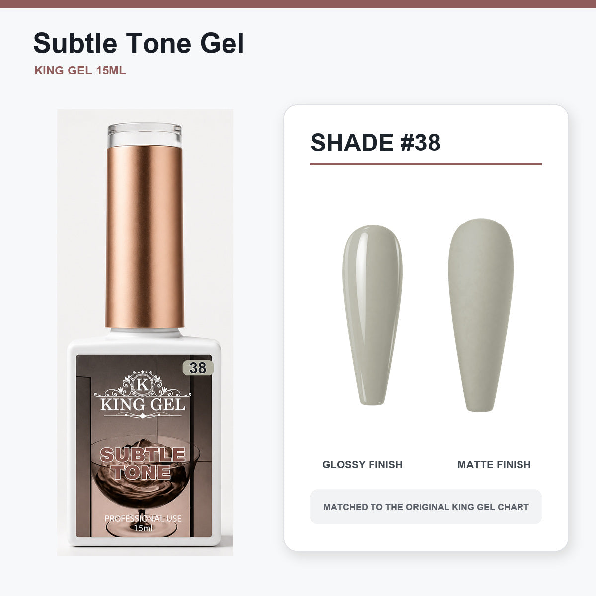 40 Colors Subtle Tone Gel Collection - KingGel Brand - Shade 38 bottle and chart-matched color - Studio V2
